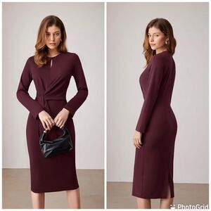 GRACE KARIN Casual Fall Long Sleeve Crewneck Tie Waist Midi Work Dress Wine Red